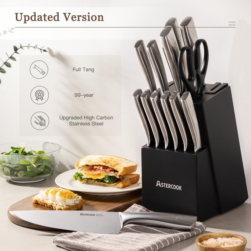 Astercook Knife Set Kitchen with Block and Sharpener Full Tang