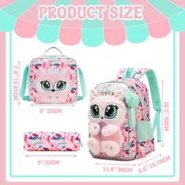 Meetbelify Kids Backpacks for Girls School Backpack with Lunch Bag Pencil Case for Elementary Student 3D Cute Carton Plush Kids Travel School Bag for Girls Ages 6-8 Years Old Pink