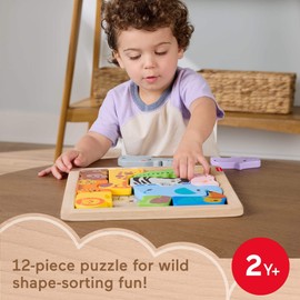 Fisher-Price Toddler Toy Wooden Animal Puzzle, Shape-Sorting Activity with 13 Wood Pieces for Preschool Kids Ages 2+ Years