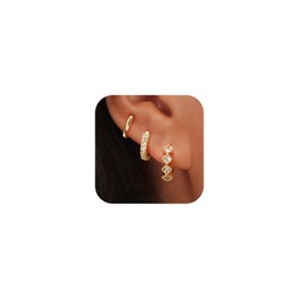 3 Pairs Chunky Gold Earring With Cubic Zirconia 18K G old Plated Small Gold Hoops