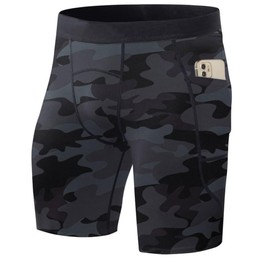 OVIYEGAIN - Pantalones cortos de compresión para hombre, con bolsillos, elastano, para correr, para correr, entrenamientos, rendimiento, negro (Camo Black), Large