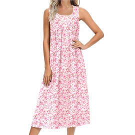 Ekouaer Nightgowns for Women Cotton Long Night Gown Sleeveless Sleep Dress Victorian Nightdress Ladies Sleepwear Pink Florals X-Large