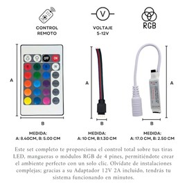 Controlador Remoto 12V para Tiras LED RGB 4 Pines y Modulos Adaptador con Funciones de Cambio de Tono Estrobos y Difuminaciones Ideal para Iluminación Decorativa