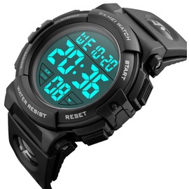 FANMIS Men’s Big Face Digital Sports Watch Outdoor Sports Military Watch Multifunction 50M Waterproof Alarm Stopwatch Calendar EL Backlight 12H/24H, Black, Digital