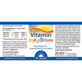 Dr. Jacob's Vitamin D3K2 Öl Forte 20 ml I 50 µg Vitamin D3 (2000 I.E.) + 50 µg Vitamin K2 (Menachinon-7) pro Tropfen I 600 Portionen I wichtig für Immunsystem, Knochen und Muskeln I vegetarisch