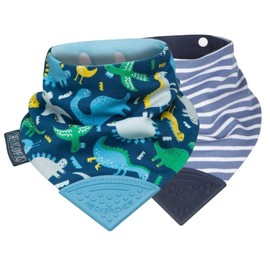 Cheeky Chompers Baby Bibs with Teether | 2 months+ Teething Bibs, Toddler Bibs | Reversible Dribble Bib & Baby Teether | Multi-Award Winning Neckerchew (Dino & Stripes, 2 Pack)