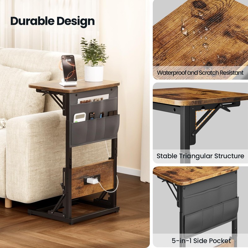 HLDIRECT C Shaped End Table with Charging Station, Couch Side