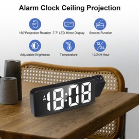 GuDoQi Reloj Despertador, Despertador Proyector LED, Proyección Giratorio de 180°, Repetición, Temperatura, Visualización de 12/24 Horas, Brillo Ajustable, Negro Blanco