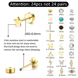 FASACCO 24Pcs Flat Back Earrings for Women Men Hypoallergenic Stainless Steel Stud Earrings 20G Cartilage Earring Tiny Ball CZ Butterfly Moon Star Flatback Earrings Set for Multiple Piercing Gold