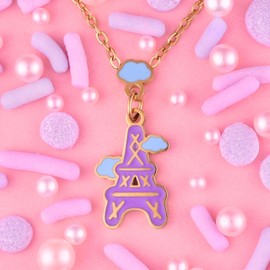 Enamel Eiffel Tower w/ Clouds Necklace, Stainless Steel w/ 18k Gold Plating Option, Pastel Purple, Adjustable Length, Hypoallergenic, Sweatproof, Cute Kawaii Design (Gold (Stainless Steel w/ 18k Gold Plating))