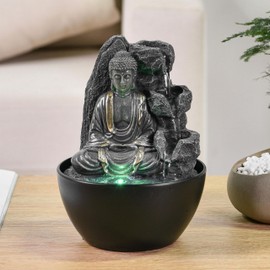 Relaxing Buddha Indoor Fountain - Waterfall - Decoration Zen Feng Shui Lucky Charm - Gift Idea Clever and Useful Small Price - Table Fountain with LED Light - Height 18 cm - Revata Zen'Light