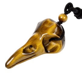 Justinstones Carved Yellow Tiger Eye Raven Skull 47mm Figurine Bird Beak Crow Head Statue Healing Animal Gothic Pendant Necklace Gemstone Jewelry Adjustable Cord 18 to 28 inch