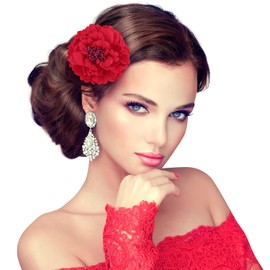 Red Flower Hair Clip, Large Fascinator Peony Hairpin Artificial Flower Brooch Hairpins Vintage Rose Red Hair Barrette Accessories for Women Girls Wedding Valentine's Day Christmas Birthday Gift