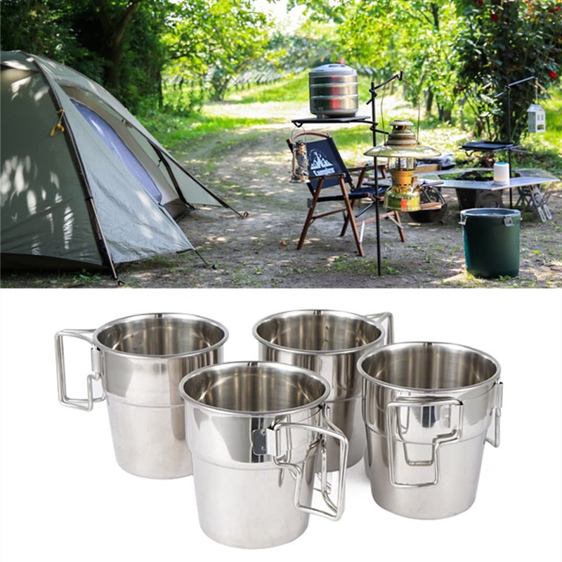 Stainless Steel Camping Mugs, 4pcs Camping Coffee Cup with Foldable