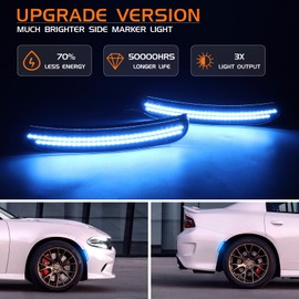 FetonAuto Blue LED Side Marker Lights for Dodge Charger 2015 2016 2017 2018 2019 2020 2021 2022 2023 2024 Front Rear Bumper Turn Signal Lamps, 4PCS Smoked Lens