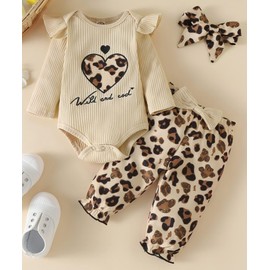 Baby Girls Clothes Fall Winter Long Sleeve Onesie Clothing Pant Set Gifts Outfits 0-3 Months Ecru Leopard