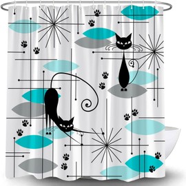 JWJAMM Mid Century Modern Shower Curtain Black Cat Retro Atomic Black Cat Abstract Geometric Iconic 50s 60s Vintage Aesthetics Art Fashion Teal Bath Curtains with Hook,70x70 Inch