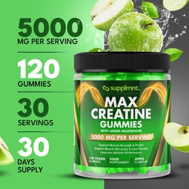 supplmnt. Creatine 120 Gummies Max 5000mg for Men and Women Creatine Monohydrate with Added Magnesium - Chewable Gummies, Apple Flavour (1 Month Supply)