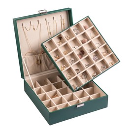 Frebeauty Earring Organizer Classic Jewelry Box 50 Slots Double Layer Jewelry Storage Case with 6 Necklace Hook and Bracelet Pocket(Blackish Green)