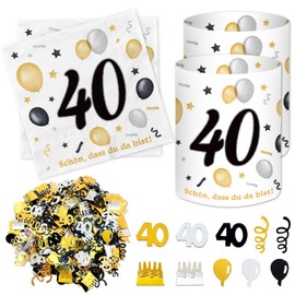 Pack of 20 Napkins 40th Birthday + 12 Pieces Lantern Table Decoration 40th Birthday + 500 Pieces Confetti for 40th Birthday Decoration 40th Birthday Man Woman Table Decoration 40 Years Black Gold