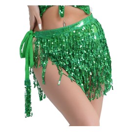 Phantomon Sequin Skirt for Women with Sparkly Fringe Belly Dance Performance Mini Skirt Tassel Hip Scarf Rave Costume (Green)