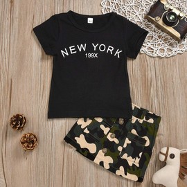 Toddler Baby Girls Camouflage Outfit Black Letter Tops Shirt + Denim Skirt Dress Shorts Summer Two Piece Clothes Set (Camouflage Denim, 2-3 Years)