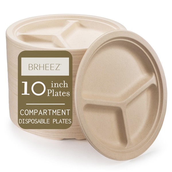 brheez Heavy Duty Round 3 Compartment Disposable Plates [10" inch] Eco-Friendly 100% Natural Bagasse Fiber Biodegradable Compostable Sustainable Paper Alternative Plates [110 Plates] White