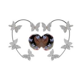 2Pcs Gold Butterfly Ear Cuff for Women Silver Wrap Crawler Earrings No Piercing Butterfly Ear Clip Wrap Around Fake Earrings Glitter Rhinestone Butterfly Ear Cuff (Silver Butterfly Ear Cuff)