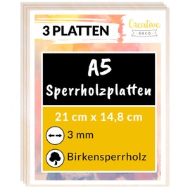 Creative Deco Wooden Plywood Fretsaw 3 mm | Thin Plates Sheet Birch Wood Chipboard | Perfect for Pyrography, Laser Cutting, CNC Router, Openwork, A5