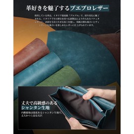 Kawaoto Men's Long Wallet, Pueblo Leather, Genuine Leather, Made in Japan, Small Wallet, Large Capacity, Cover Type, 12 Cards, YKK Zipper, Money Luck, Gift, navy blue