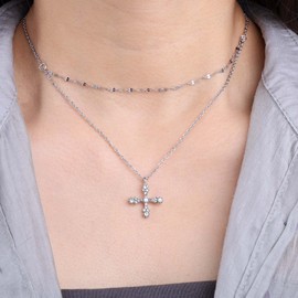 Atentuyi Dainty Cz Cross Necklace Layered Silver Necklace for Women Rhinestone Cross Pendant Necklace Diamond Cross Choker Simple Thin Sequins Chain Necklace Crystal Crucifix Necklace Jewelry