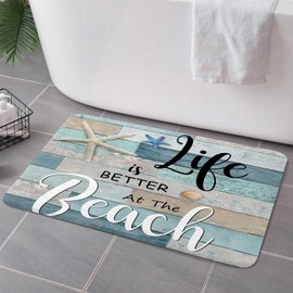 Hjokiupt Beach Bath Rugs for Bathroom, Rustic Vintage Wood Ocean Quote Words Summer Non Slip Flannel Bathroom Rug, Nautical Coastal Starfish Dry Fast Water Absorbent Bath Mats, 17X29 Inch