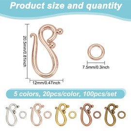 GOMAKERER 100pcs S Hook Ring Clasps, 5 Colors Tibetan Metal Toggle Clasps, Jewelry Making Crafts