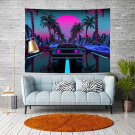 Ine Ive 1980s Car Tapestry Urban Street Scene Palm Trees Sunset Starry Sky Punk Wall Tapestry 40x30inch for Living Room Bedroom Decor