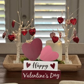 Valentines Table Decor, Happy Valentines Day Decorations for Home Office Indoor, Neutral Rustic Farmhouse Wooden Heart Signs for Mantel Shelf Decor, Valentine Centerpieces Decorative Signage