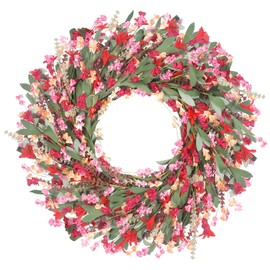 Lokeisna Spring Paper Wreath: 24” Red and Orange Wreaths with Paper and Fabric Flower,EVA Leaves,Flower Spike,All Seasons Wreath for Front Door,Living Room,Wedding Red