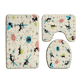 3 Piece Mid Century Modern Bath Mat Sets Vintage Iconic Atomic Starbursts Black Cat Geometric Retro 1950S 17.8"X29.5" Bathroom Rugs,Toilet Seat Cover,U-Shaped Floor Mat