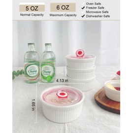 6 oz Ramekins Oven Safe, Mini Ramekins with Lids, Creme Brulee Ramekin, Pudding Custard Cups Souffle Ramiken, Ceramic Ramekin Bowls Set of 4, Picnic Bowls - Dishwasher and Oven Safe
