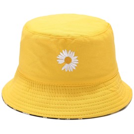 Flower Reversible Bucket Hat Summer Travel Beach Sun Hats Emboridery Vistor Cap (756 Yellow/Black)