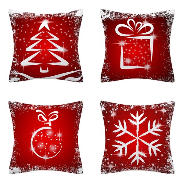 AMZQJD Set of 4 Cushion Covers Christmas Element Styles Pattern Decorative Cushion Cover Short Plush Cotton You Cushion Covers (40 x 40 cm, Red Christmas)
