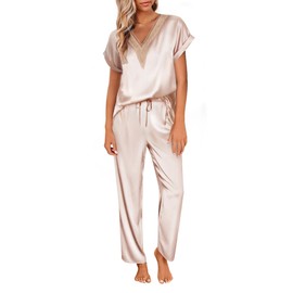 Ekouaer Womens Silk Pajamas Set Satin Pjs with Long Pants Short Sleeve Sleepwear Guipure V Neck Loungewear Beige