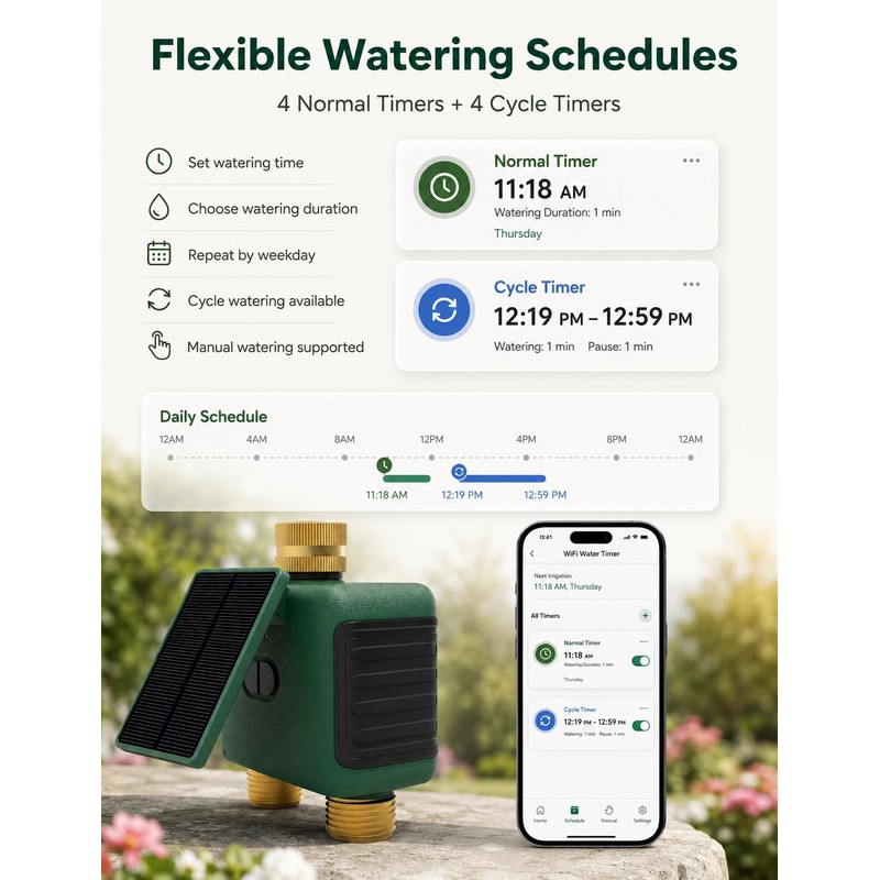 MOES Solar WiFi Hose Timer, 2-Zone Sprinkler Water Timer, Brass