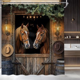 Western Horse Shower Curtain Wooden Barn Rustic Farmhouse Animal Cowboy Green Leaf Vine Country Farm Fabric Bathroom Curtain Set with Hooks