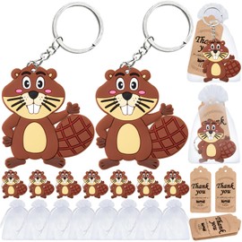 Elecrainbow 60 Pack Beaver Party Favors Include 20 Beaver Keychains, 20 Thank You Tags, 20 Gift Bags for Caster Safari Party, Jungle Baby Shower, Animal Themed Kids Birthday, Wild ONE First Birthday