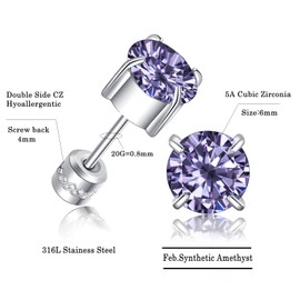 ZOCOYUU Titanium Screw Back Surgical Stainless Steel Stud Earrings for Women Men, Hypoallergenic Birthstone Stud Earrings Double Side 5A Cubic Zirconia Stud Earrings Jewellery 6 mm, Titanium, Cubic