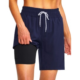 YGDSX Women's 3''/5''/7'' Swim Board Shorts Quick Dry Beach Shorts with Liner Pockets Swimsuits Bottoms Trunks for Women Navy Blue