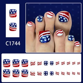 Independence Day Patriotic Press on Toenails Star Stripes USA Flag Design Fake Toe Nails Red White Blue 4th of July Acrylic Toenails Short Square Glue on Toe Nails Summer Holiday Reusable Toe Nail