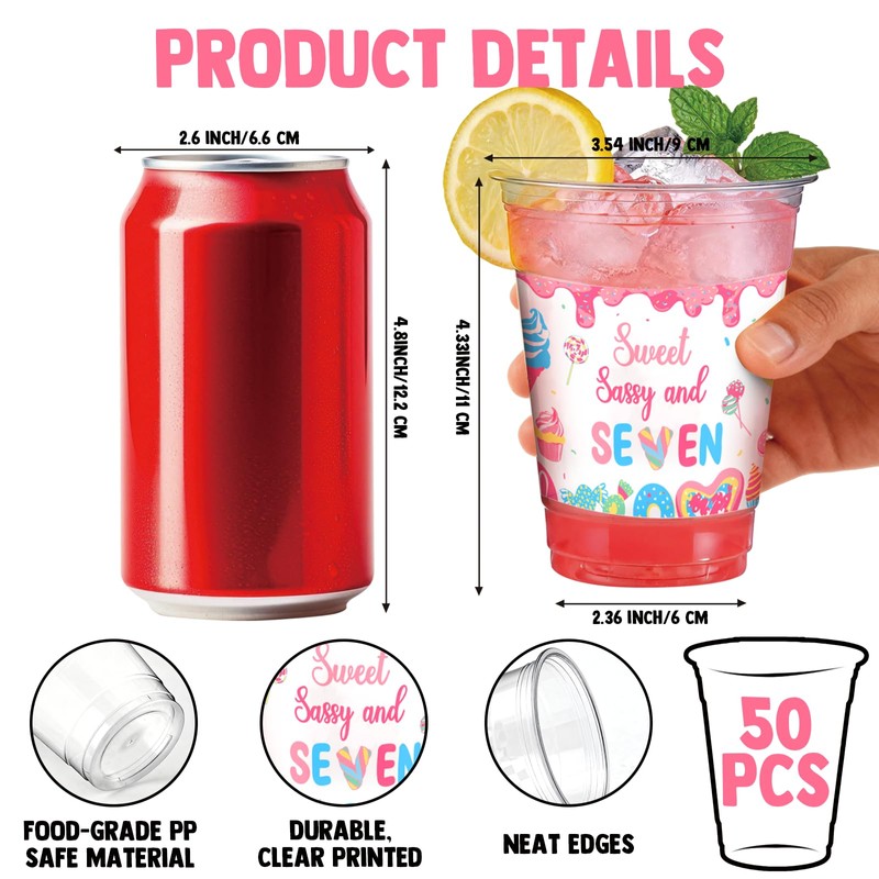 50 PCS Sweet Sassy and Seven Birthday Plastic Cups,12 OZ