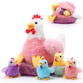 Skylety Chicken Stuffed Animal Plush Toy Egg Laying Hen with Zippered Belly, Hen House and Little Baby Chicks for Christmas Decorations Stuffers Party Supplies(Chic Style)