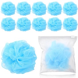Funnymoom 12 Pcs Travel Size Loofah Individually Wrapped, Small Shower Puff Bath Sponge Pouf Ball Bulk Mesh Bath Puff Mini Loofah Sponge with Case Bulk for Shower Care(Blue)
